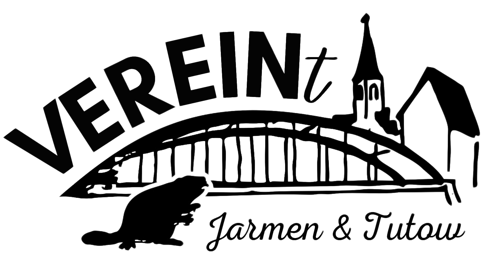 Logo des Netzwerks Jarmen & Tutow VEREINt; ein Biber vor einer Brücke und der Kirche und Mühle Jarmens